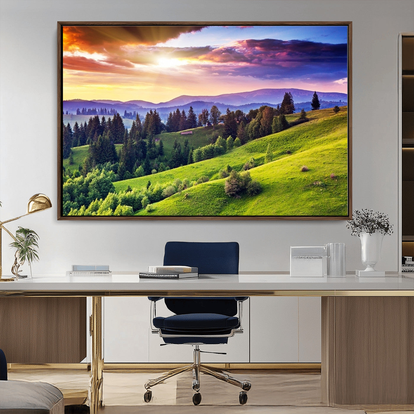 MGV-FC-36X24 - Green Hills and Sunset Wall Art Print - Scenic Landscape with Lush Greenery and Vibrant Sky, Ready