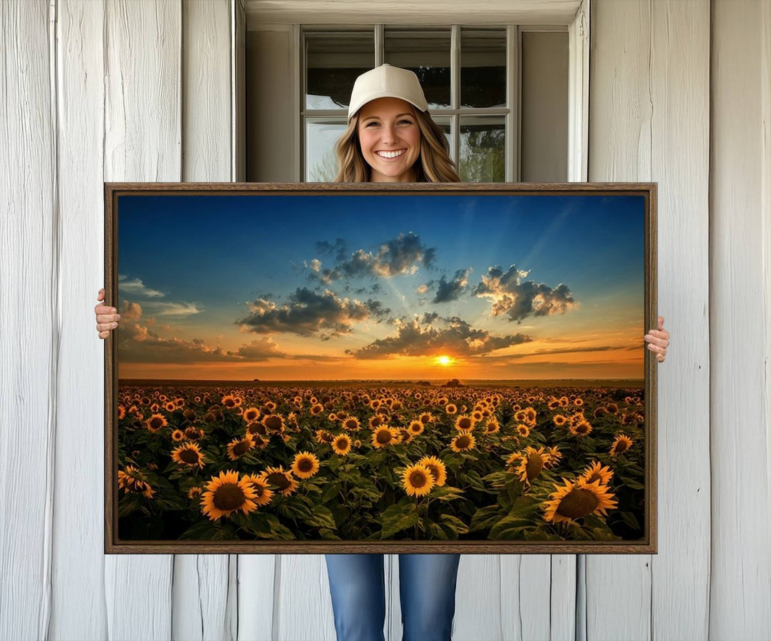 The dining area features the Sunflower Field Sunset Wall Art Canvas Print.