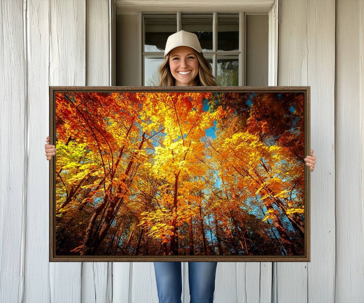 Forest View at Fall Wall Art hangs prominently, showcasing its beauty.