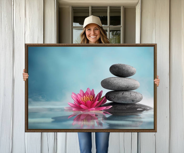 The dining room features a Zen Serenity Triptych wall art, showcasing a calming depiction of lotus flowers and balancing stones.