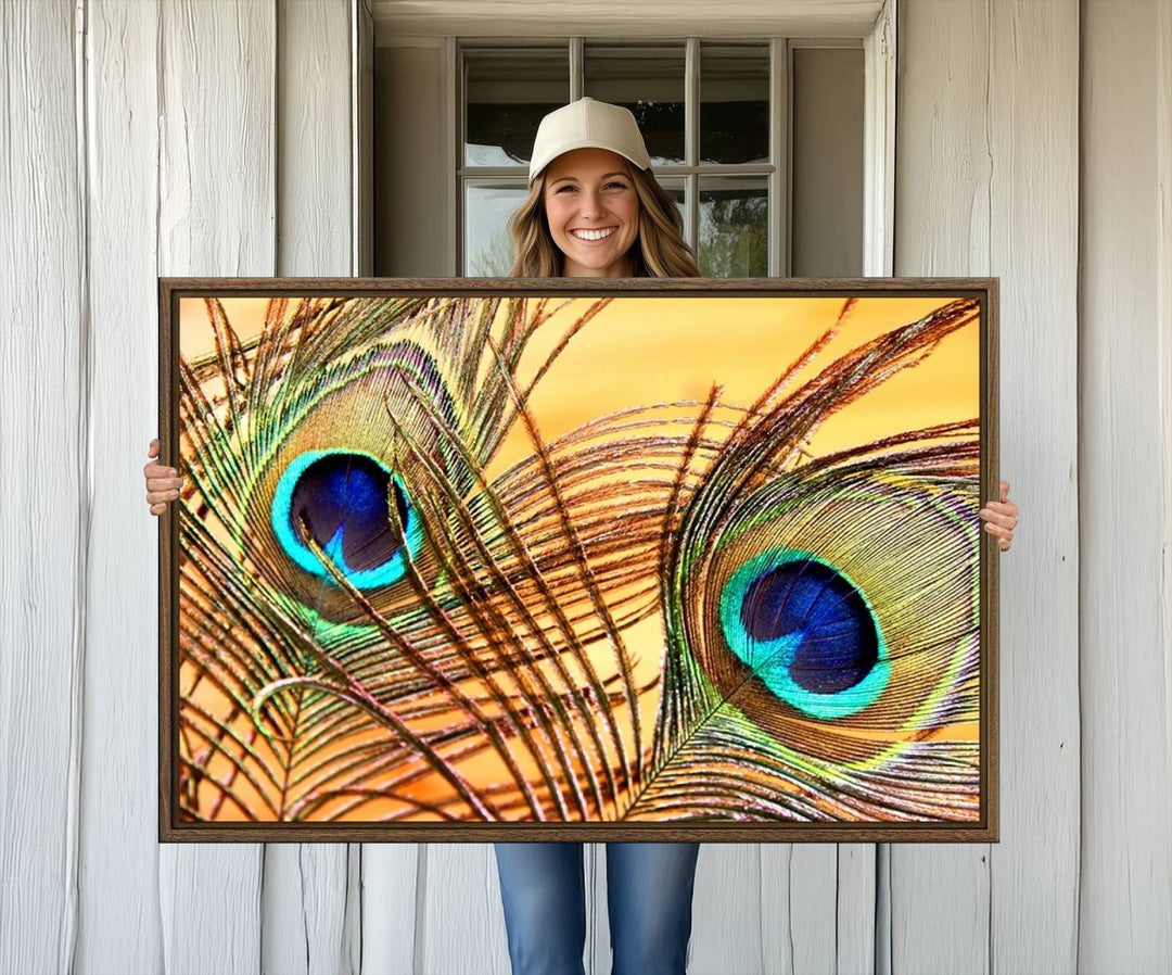 The room features vibrant peacock feather wall art.