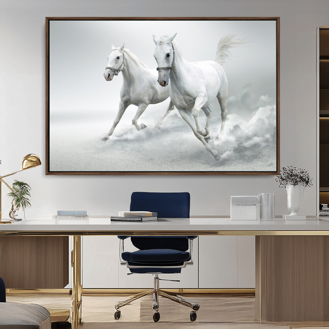 MGV-FC-36X24 - Large Wall Art Animal Canvas Print - Beautiful Running White Horses