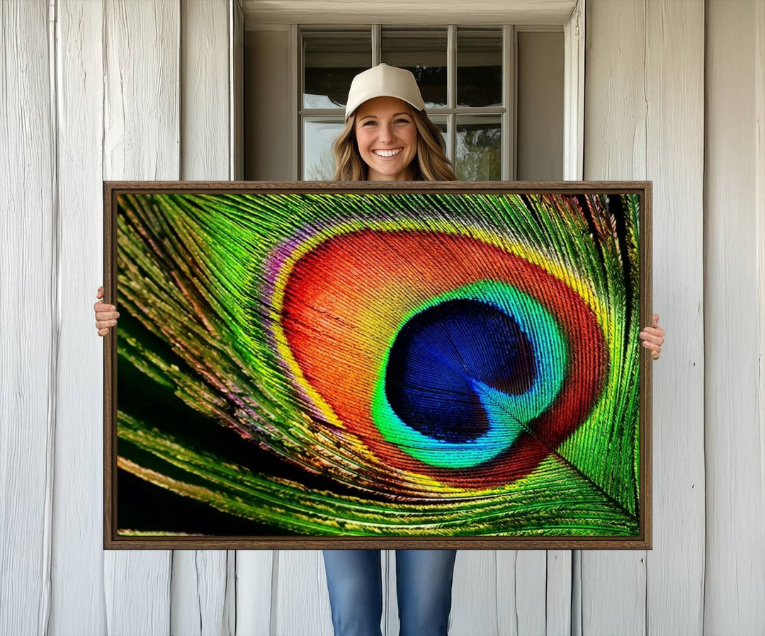 The Colorful Peacock Feather Wall Art Print graces the wall.