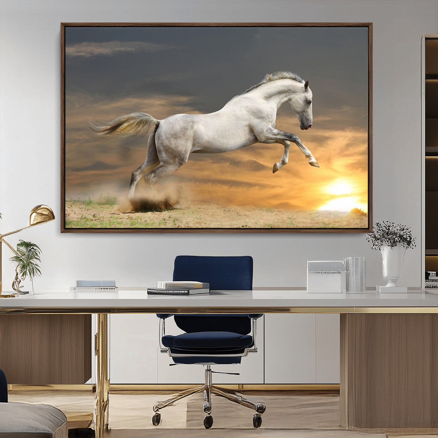 MGV-FC-36X24 - Large Wall Art Animal Canvas Print - White Jumping Horse at Sunset