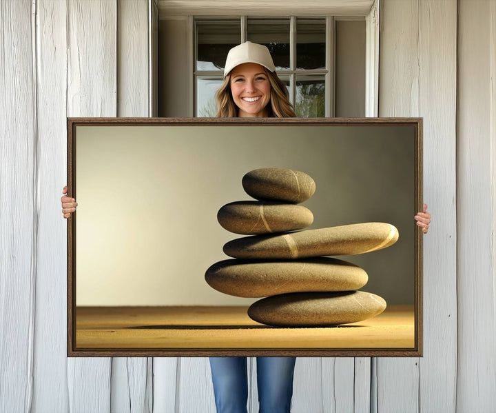 The Yellow Zen Stones on Yellow Background Wall Art is a striking feature in this minimalist kitchen.