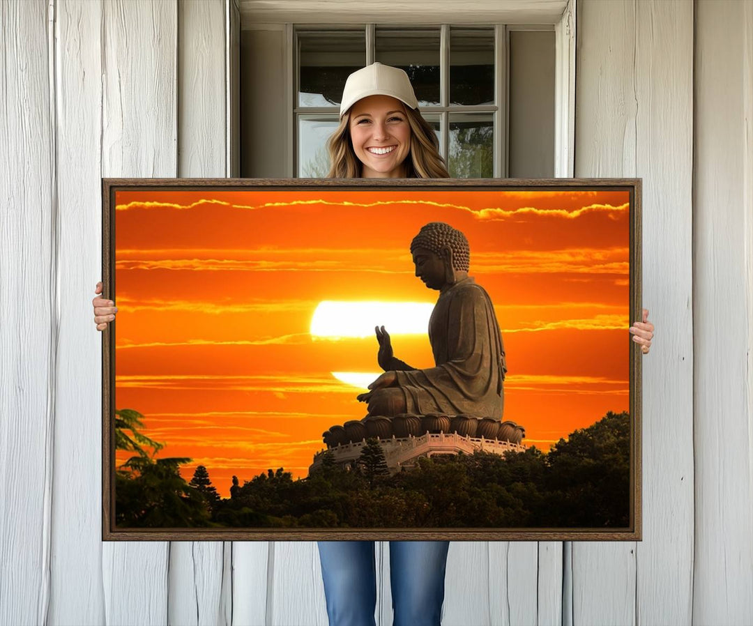 The Buddha Statue at Sunset canvas print adds serenity to the space.