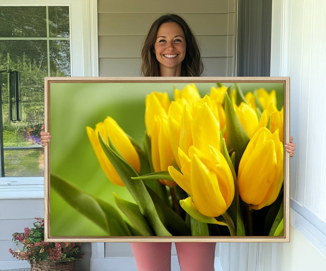 The Wall Art Yellow Tulips Canvas Print on a green background is featured.