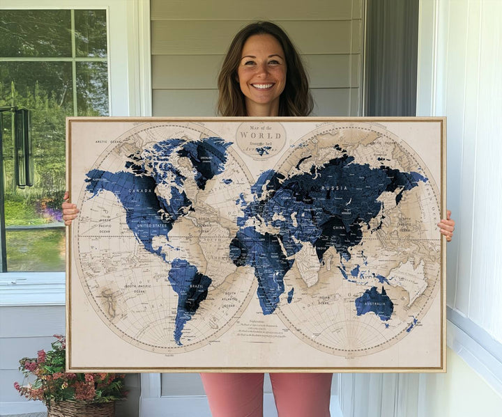 Vintage Triptych Map Print - Antique World Map Canvas Wall Art – Vintage Triptych Blue and Beige Map Print