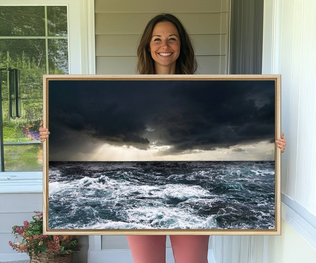 A Dark Clouds Stormy Sea canvas print, ready to hang, enhances the room.