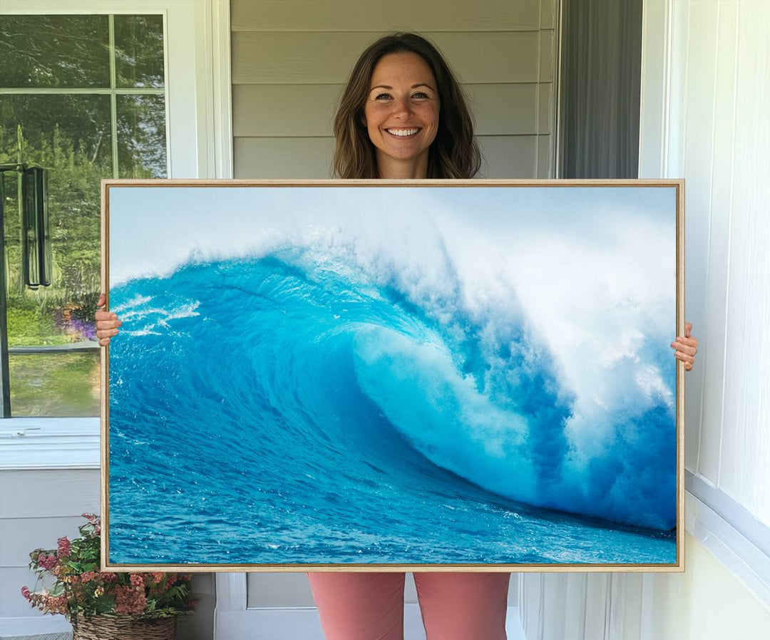 A museum-quality canvas depicting a vibrant blue ocean wave with white foam under a clear sky.