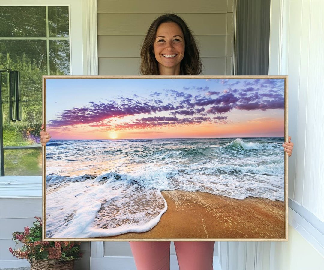 The Coastal Sunset Art Canvas Print features ocean waves beneath a vibrant sky in a stunning 3-panel seascape.