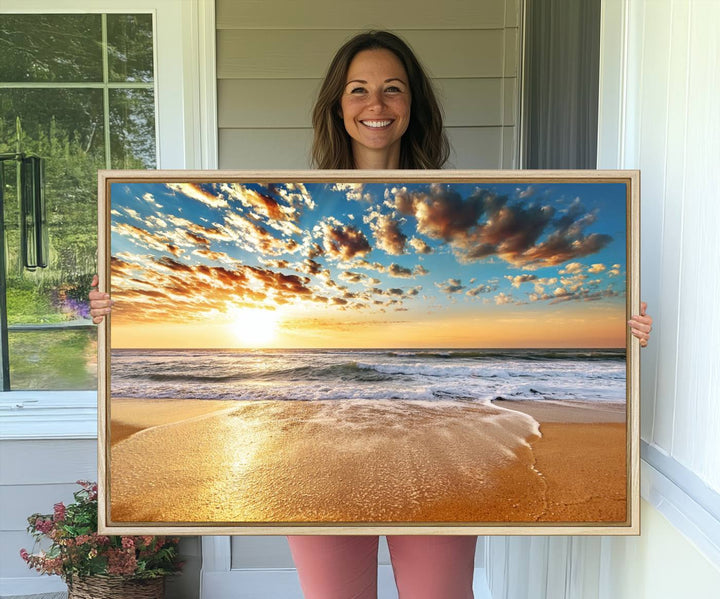 A gallery-wrapped canvas titled Soothing Sunset on Calm Beach is featured.