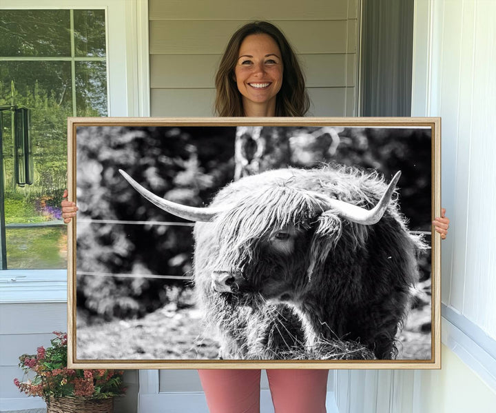 The black and white Highland Cow Canvas Wall Art adds farmhouse elegance to the space.