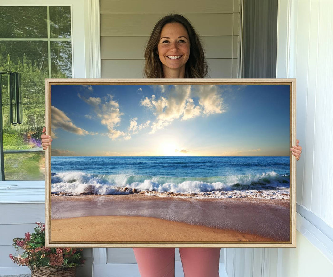 The dining room features a Coastal Tropical Beach Sunset canvas wall art.