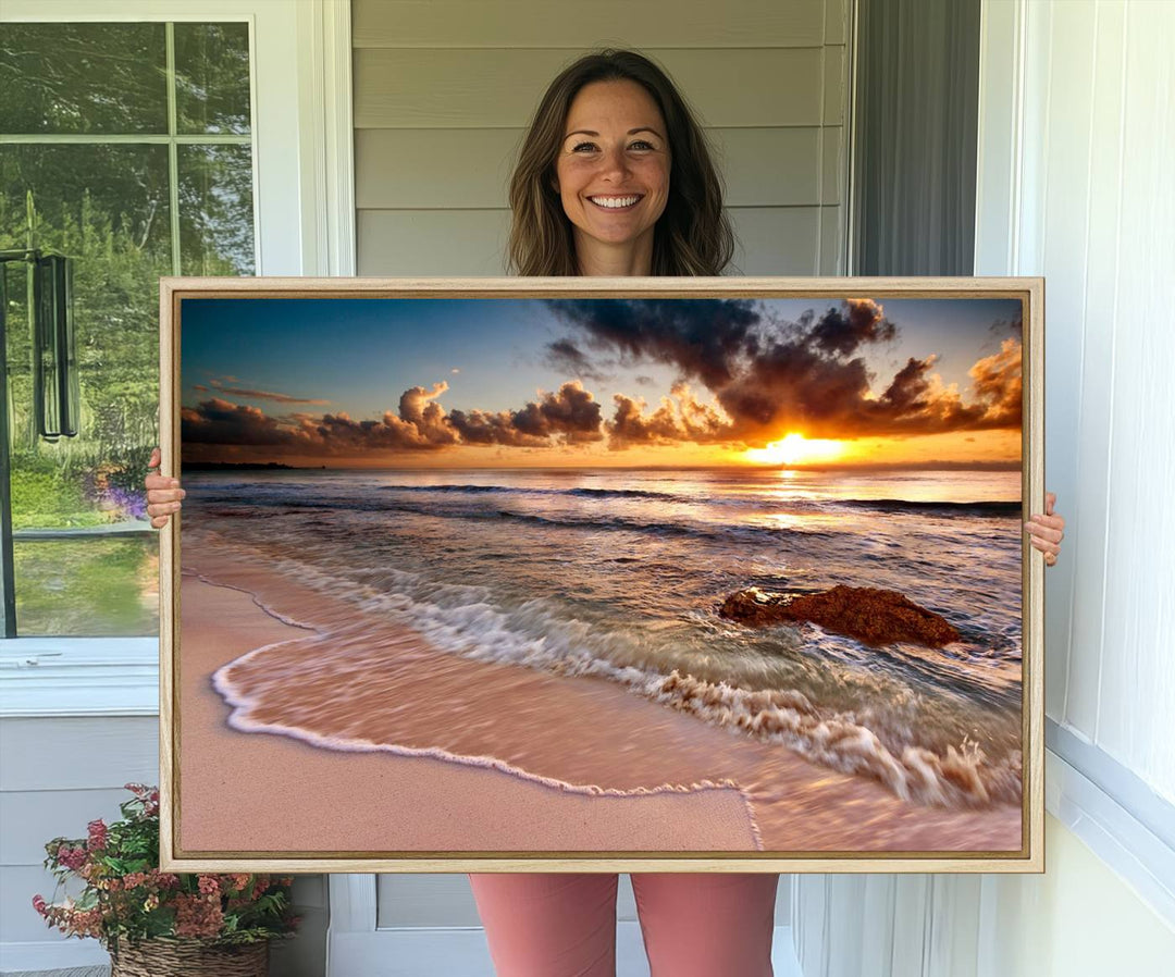 Coastal dining room decor: serene ocean waves triptych canvas.