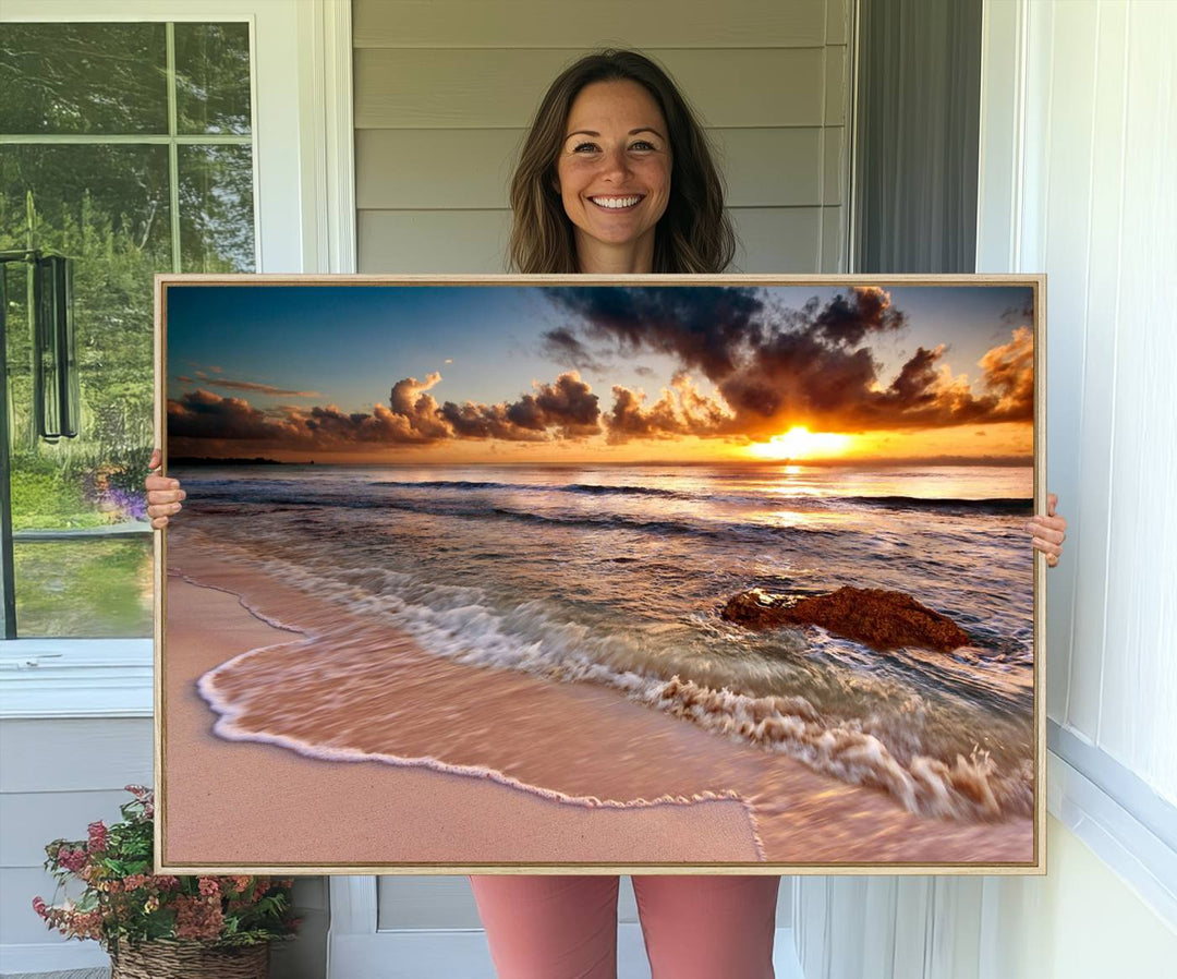 The Sunset on Ocean Wall Art Canvas Print beautifully captures a beach sunset, gentle waves, and a peaceful atmosphere.