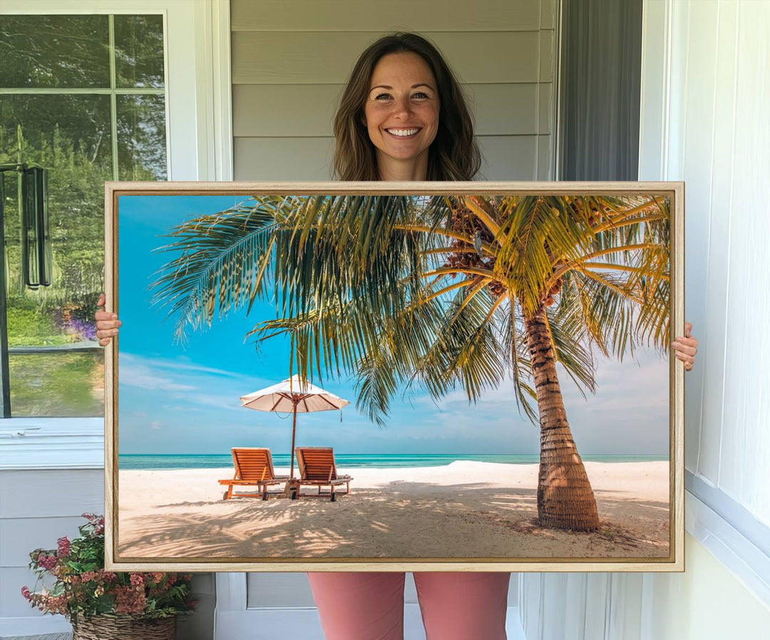 The 3-panel Tropical Beach Wall Art features palm trees and sun loungers, perfect for coastal decor.