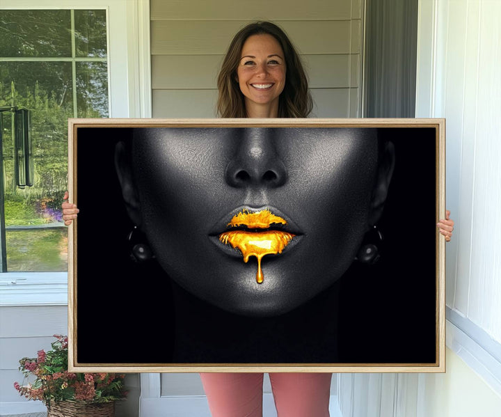 The Honey Gold Lips and Black Woman Photograph canvas print adds a striking touch to the room.