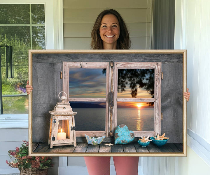 The Astonishing Sunset from the Window canvas print beautifully captures a sea view, accompanied by a lantern and starfish.