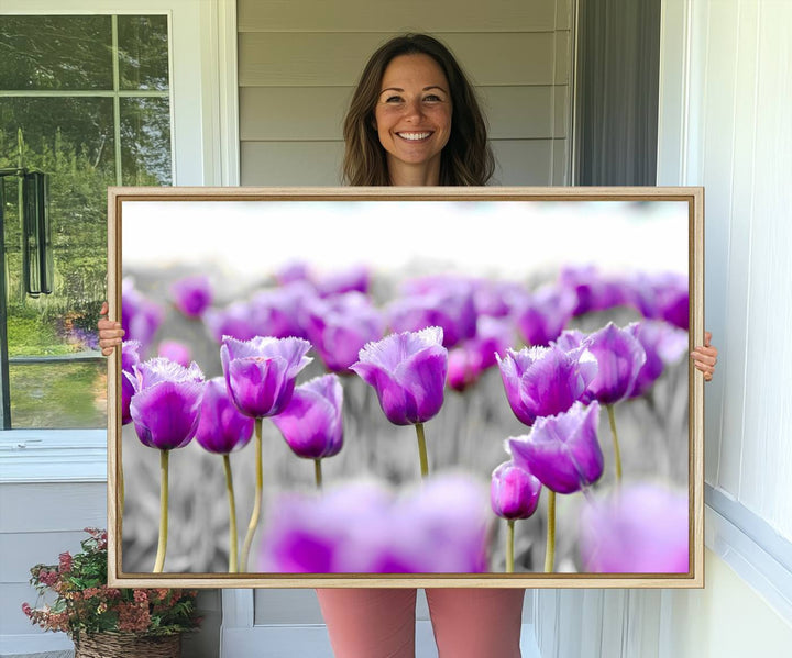 A gallery-wrapped Tulip Fields canvas wall art in a vivid purple hue.