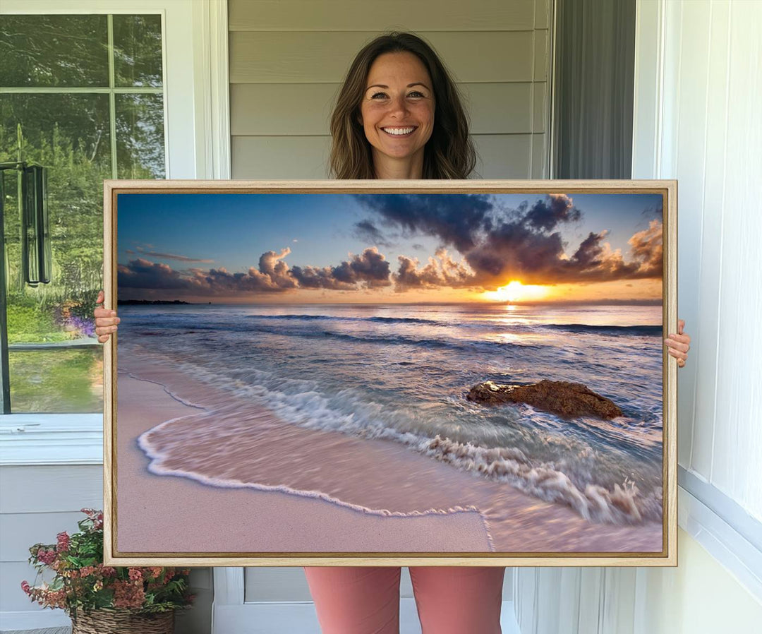 The room features a Sunset Beach Waves Canvas above the counter.