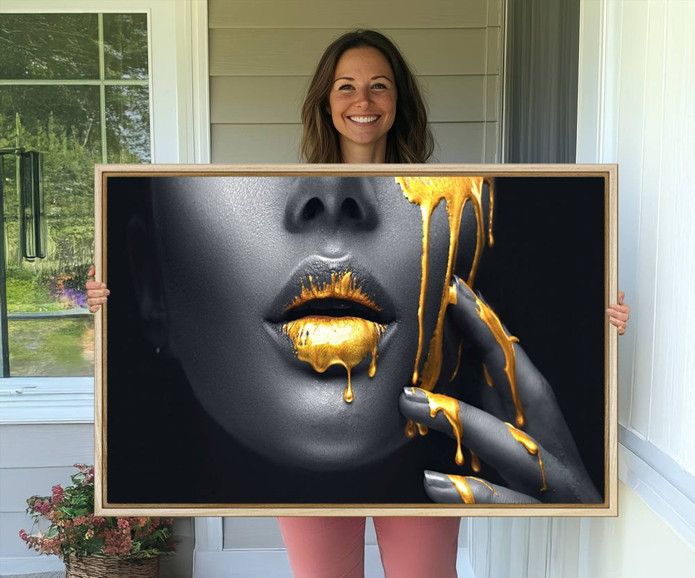 Above the dining area is the Gold Glitter Lips Fashion Makeup canvas wall art.