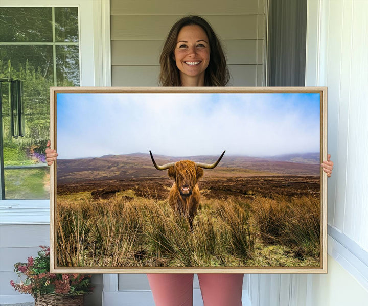 A Scottish Highland Cow art print canvas with UV-protection adorns the wall, preserving vivid details.