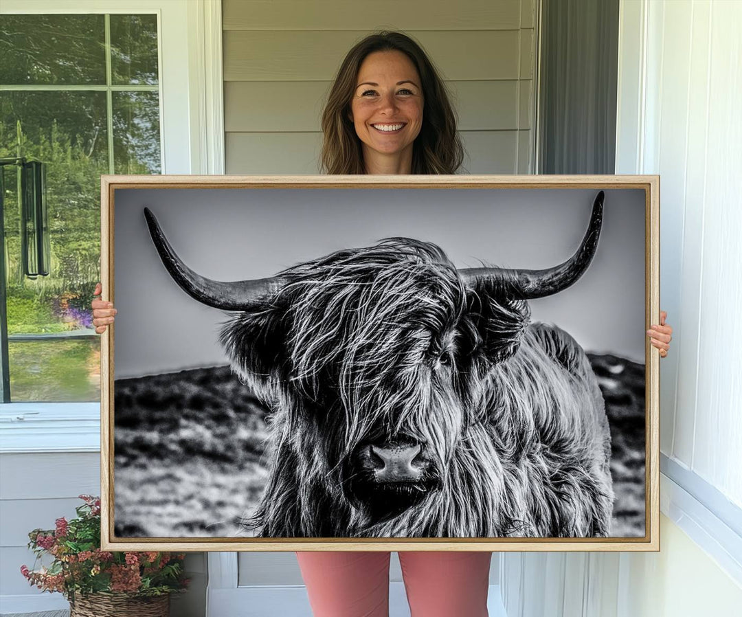 The Black and White Cow Wall Art Canvas Print is displayed.