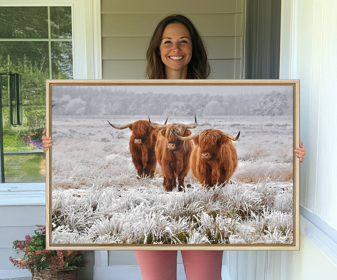 The Highland Cows in Snow canvas showcases three cattle in a frosty field.