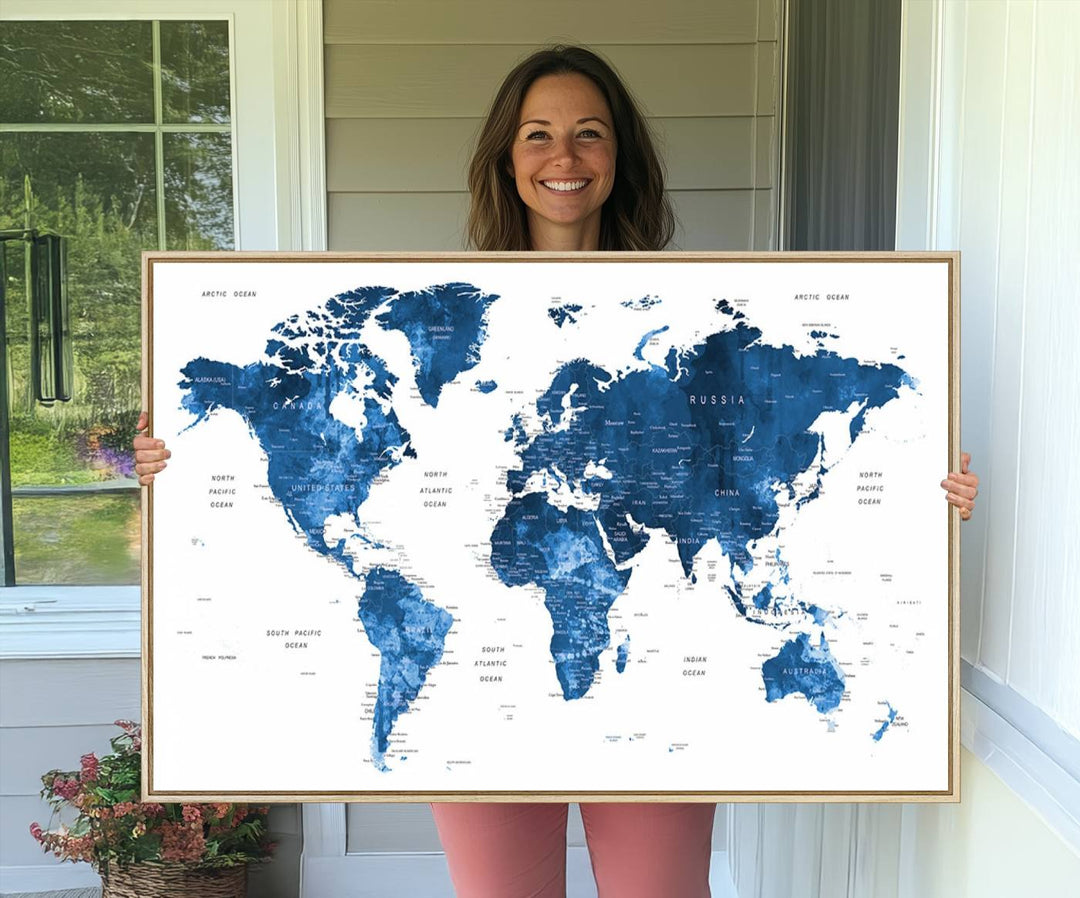 Navy Blue Wall Art World Map Canvas Print, an ideal piece for anyone seeking unique home or office decor.