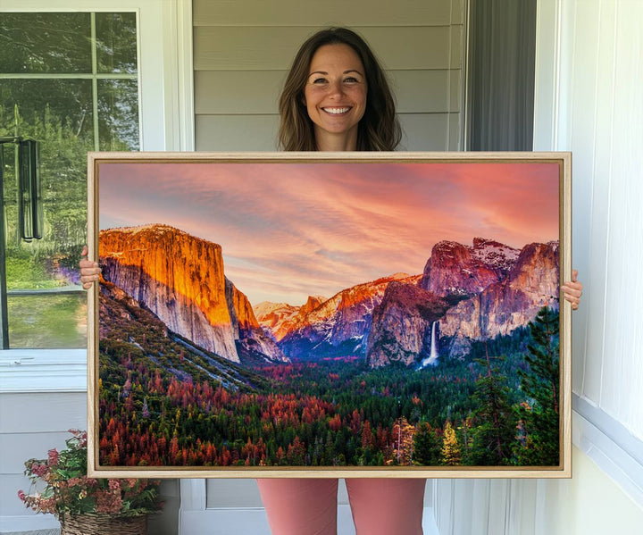 An El Capitan Yosemite Canvas showcasing a sunset over a mountain valley.