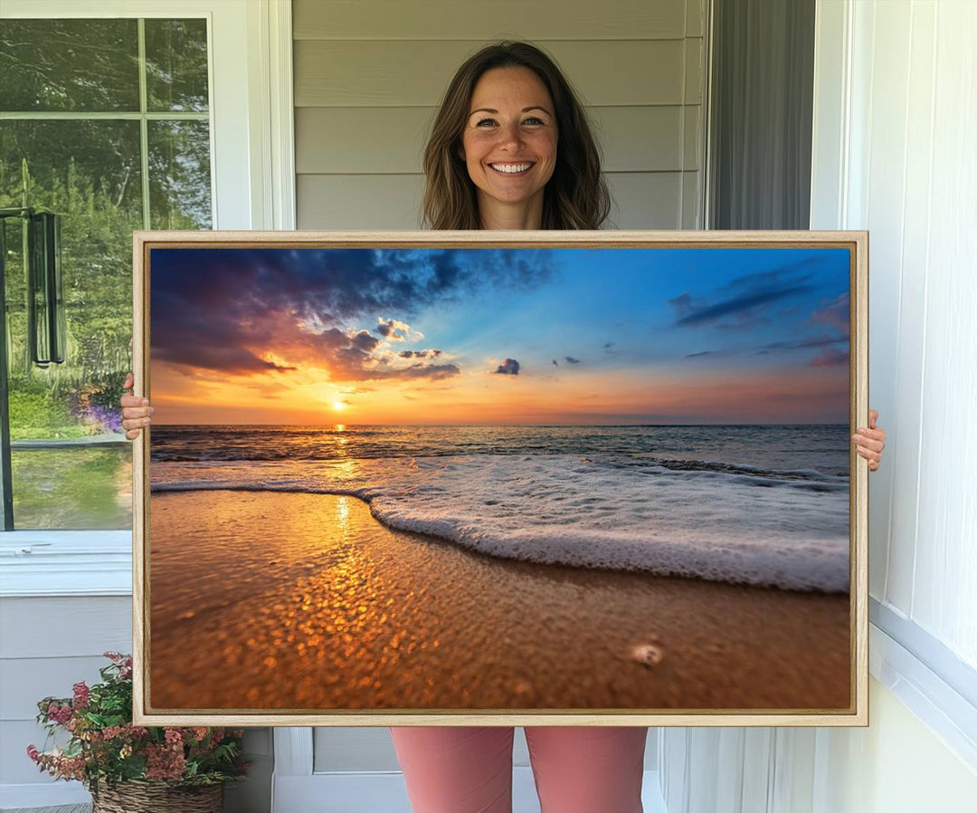 The Golden Sunset Beach Waves Triptych adds a modern coastal touch with its stunning seascape.