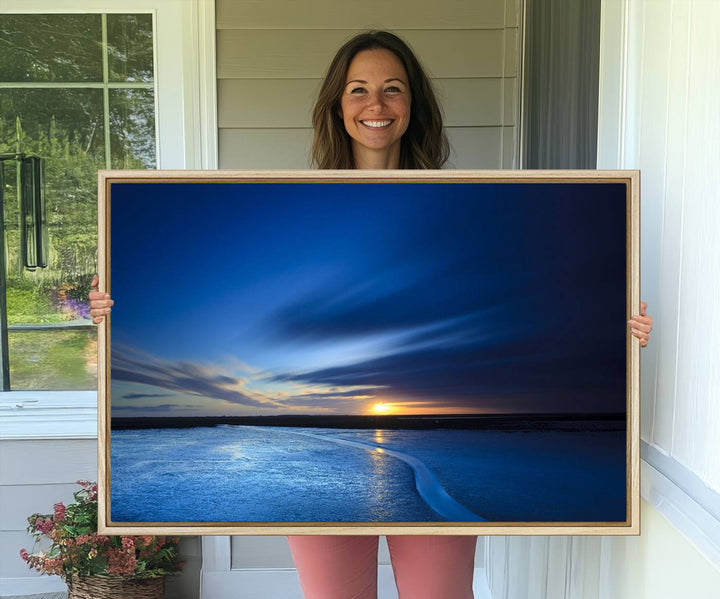 Modern decor: Deep Blue Ocean Sunset Triptych for a serene coastal vibe.