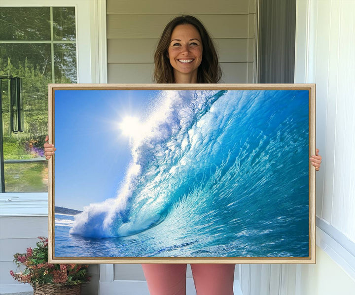 The Blue Big Wave Surfing Ocean Canvas adds a coastal vibe to a wooden wall.