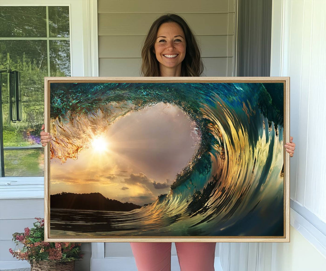 A Golden Wave Sunset Giclee hangs above, showcasing colorful ocean wave art.