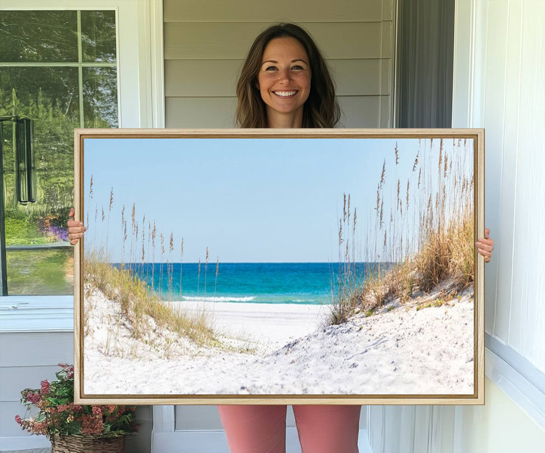 Serene Coastal Dune Path with Ocean View, 3-Panel Beach Canvas Art; tranquil seascape for coastal decor.