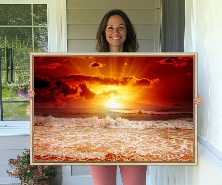 The Red Sunset Ocean Beach Canvas depicts ocean waves.