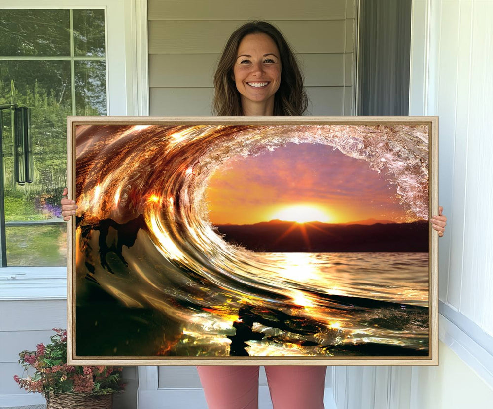 The Golden Wave Sunset Triptych Canvas Art showcases an ocean wave at sunset, casting warm light.