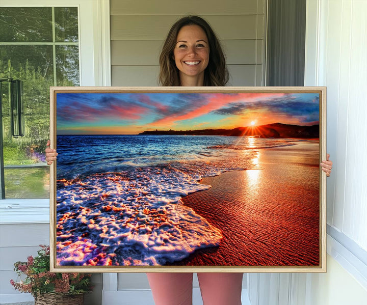 The Colorful Coastal Sunset on the Beach canvas print portrays ocean waves at dusk.