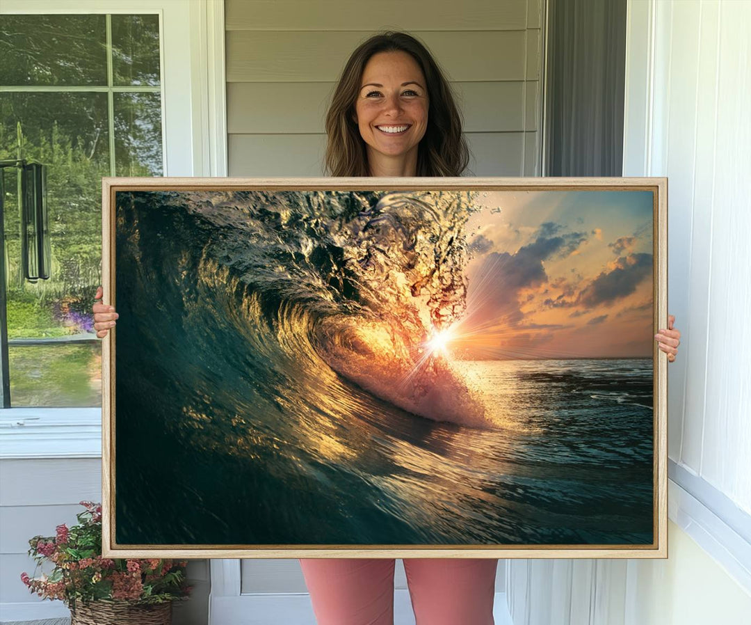 A triptych seascape titled Ocean Wave Sunset Canvas, featuring a stunning ocean view at sunset, is beautifully framed and ready to hang.