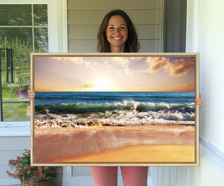 The wall features a Canon-quality Serene Beach Path canvas giclee print, depicting coastal dunes.