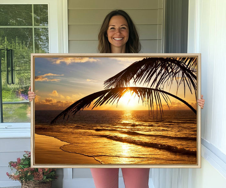 Golden Tropical Beach Sunset Canvas Triptych: Coastal Palm Art & Giclee Print with Gallery Wrap, capturing golden waves.