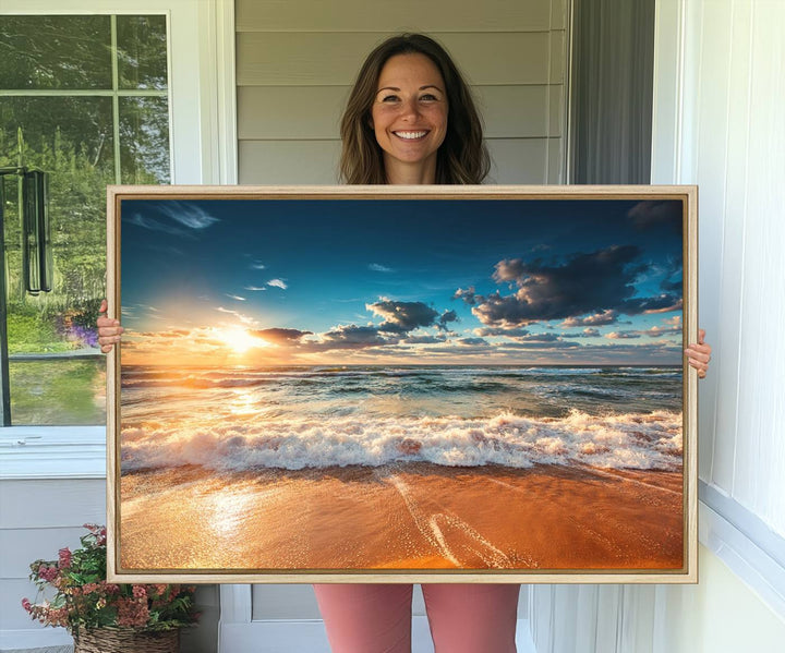 A Golden Sunset Beach Triptych Canvas Art hangs on a white wall.