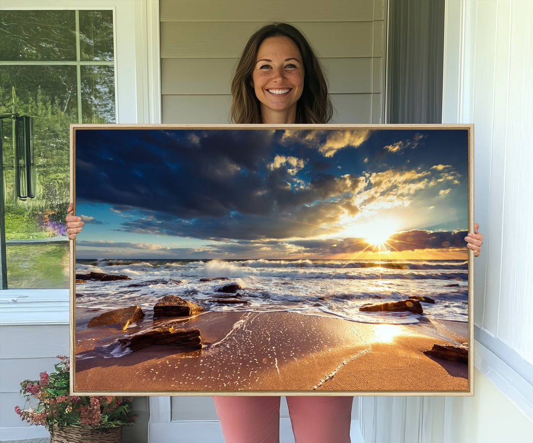 The Golden Hour Beach Sunset triptych adorns the wall with its captivating imagery.