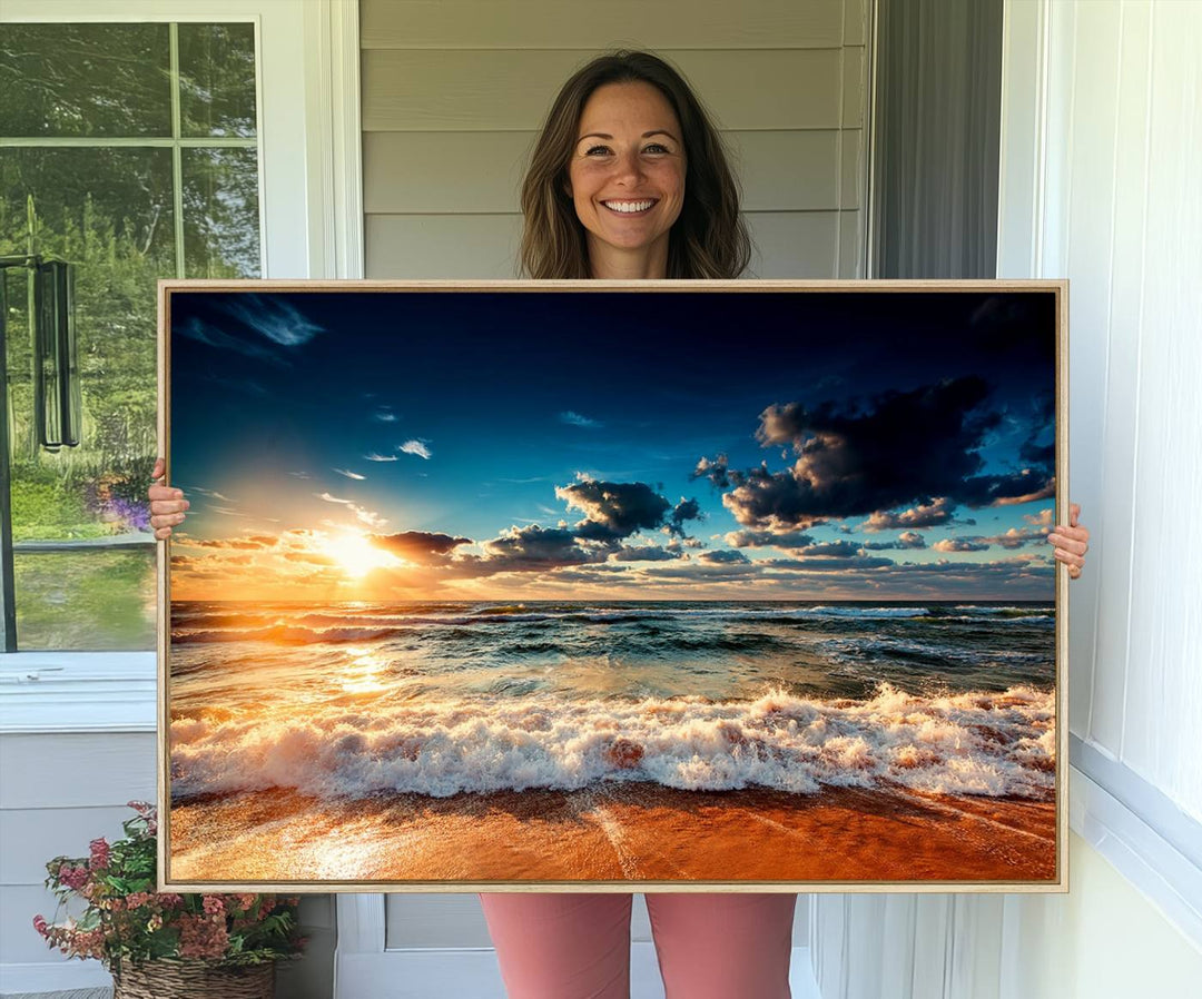 Golden Hour Sunset Over Ocean Waves Canvas: 3-Panel Coastal Landscape Art with Stunning Beach Photography Print.