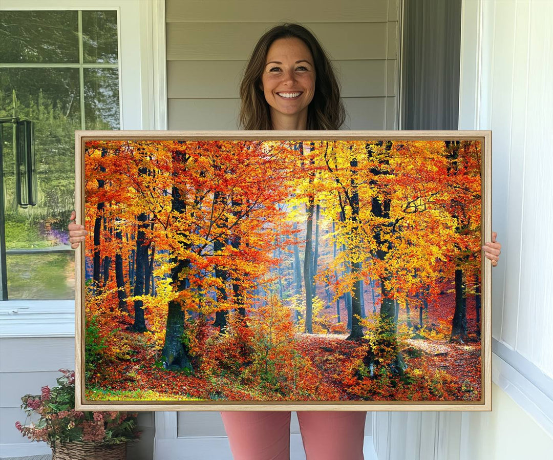 The room features an Autumn Red Forest Triptych Canvas Wall Art.