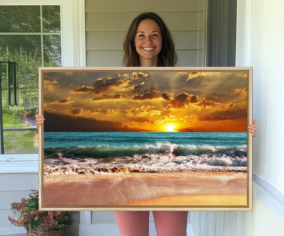 Golden Sunset Beach Canvas Triptych adorns the cozy room, creating a stunning focal point.