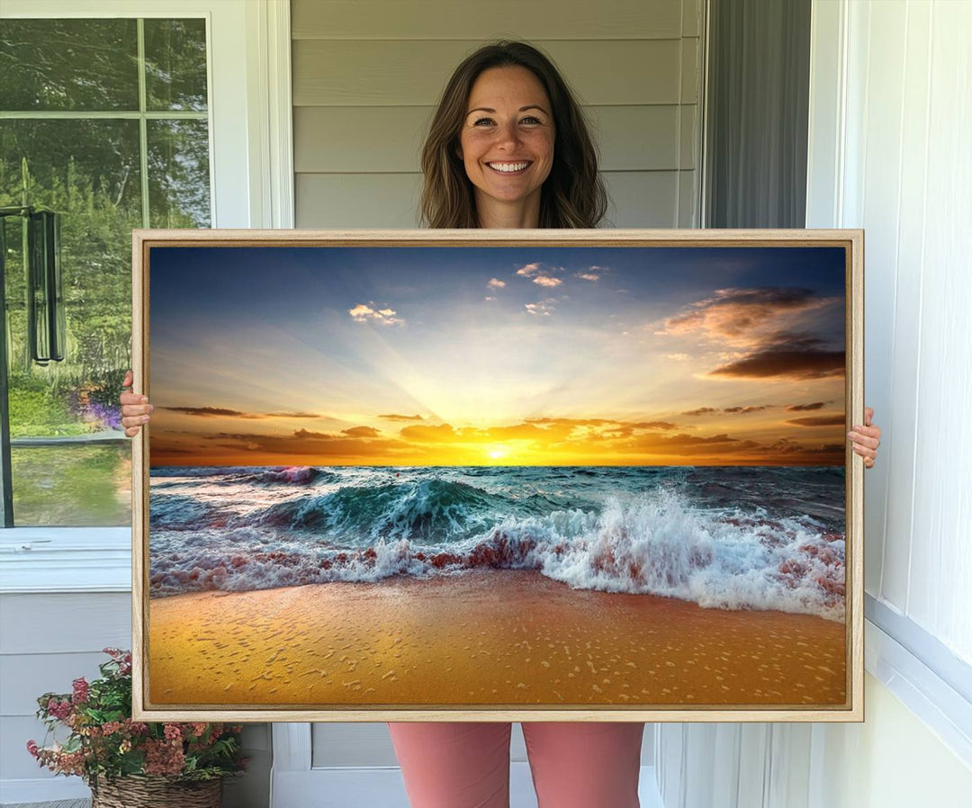 The kitchen features the Golden Sunset Ocean Waves multi-panel coastal wall art canvas.