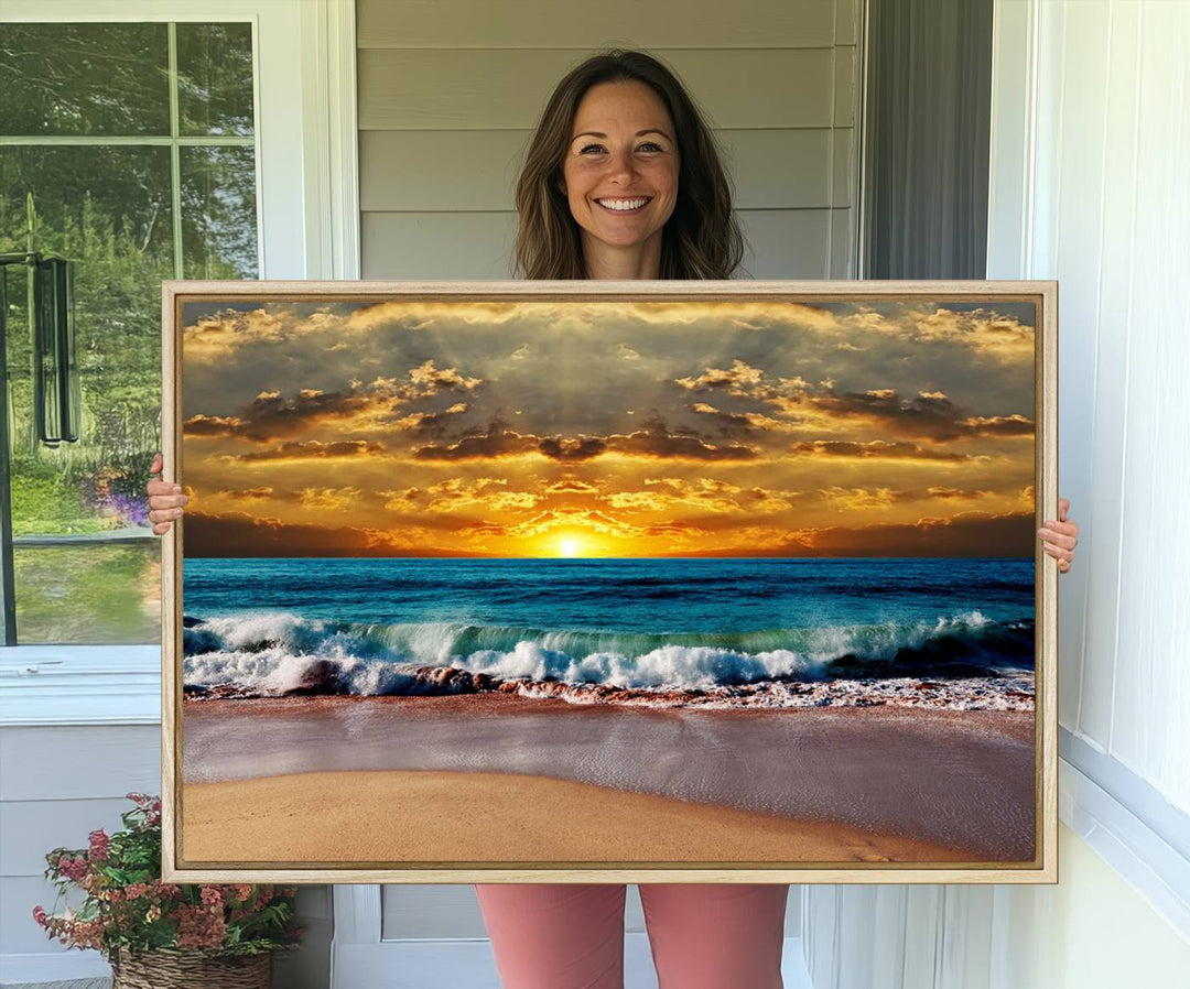 The Ocean Sunrise Over Golden Beach Waves wall art is prominently displayed, capturing the serene beauty of a beach at sunrise.