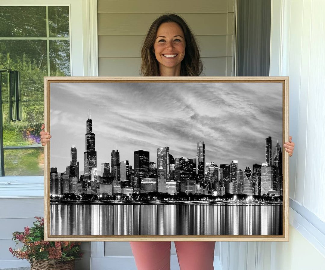 The Chicago City Cloudy Skyline Canvas Print hangs prominently.